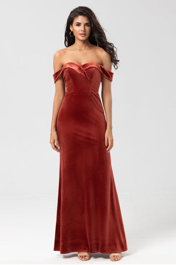 Mermaid Off the Shoulder Terracotta Velvet Bridesmaid Dress